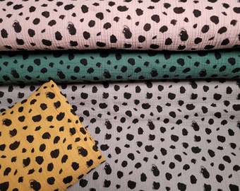 Double Gauze/Muslin Jeron from Swafing in pink, dark green, gray and mustard with leopard print/spots pattern - cotton