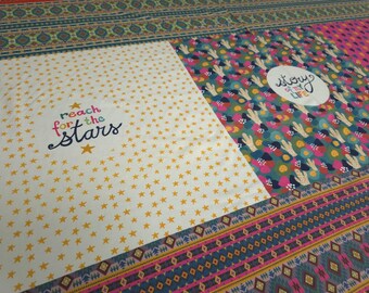 Cotton jersey panel "Life is Good" with stars, flowers, and hearts in pink, yellow, and turquoise by jolijou for Swafing, approx. 1 m²