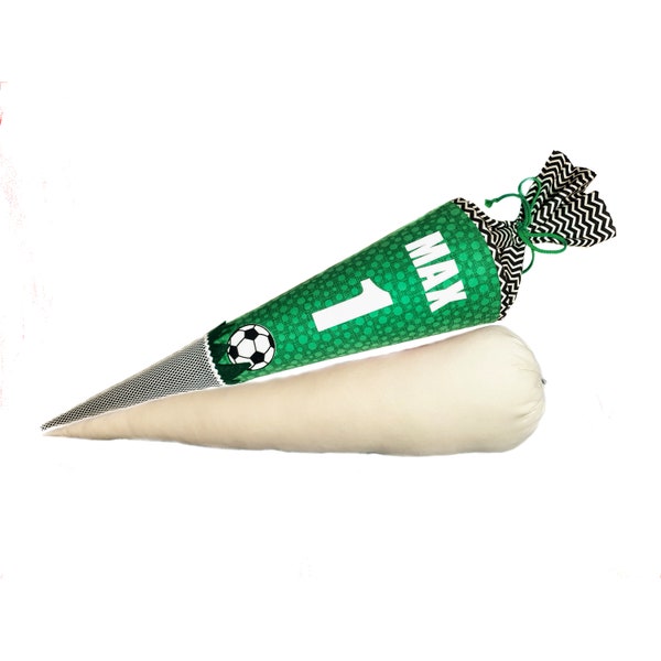 SINGLE PIECE school cone made of fabric, football green, with name, school cone cushion optionally available