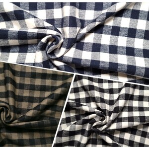 May include: Three fabric swatches with a gingham pattern in different color combinations. The first swatch is white and navy blue, the second is beige and navy blue, and the third is white and black.
