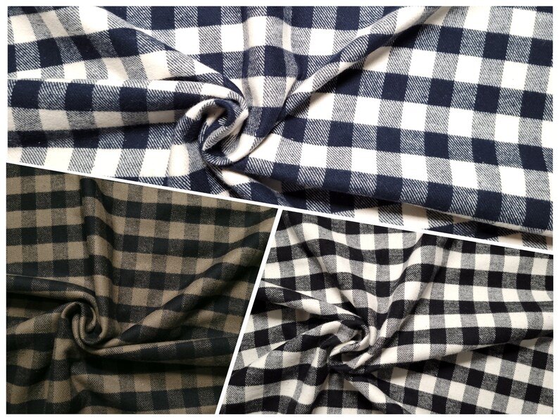 May include: Three fabric swatches with a gingham pattern in different color combinations. The first swatch is white and navy blue, the second is beige and navy blue, and the third is white and black.