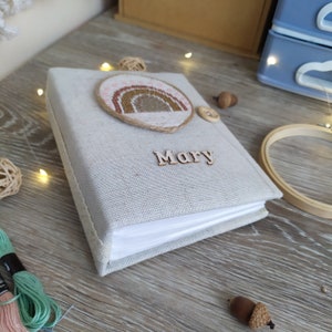 Personalized baby girl photo album 4x6 for 100 Photos, Linen photo album with embroidery rainbow, Family fall fotoalbum, Album with Sleeves