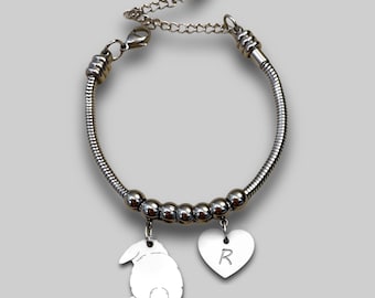Bracelet with ram rabbit and pom pom tail, bracelet with Aries rabbit, heart pendant with engraved initial
