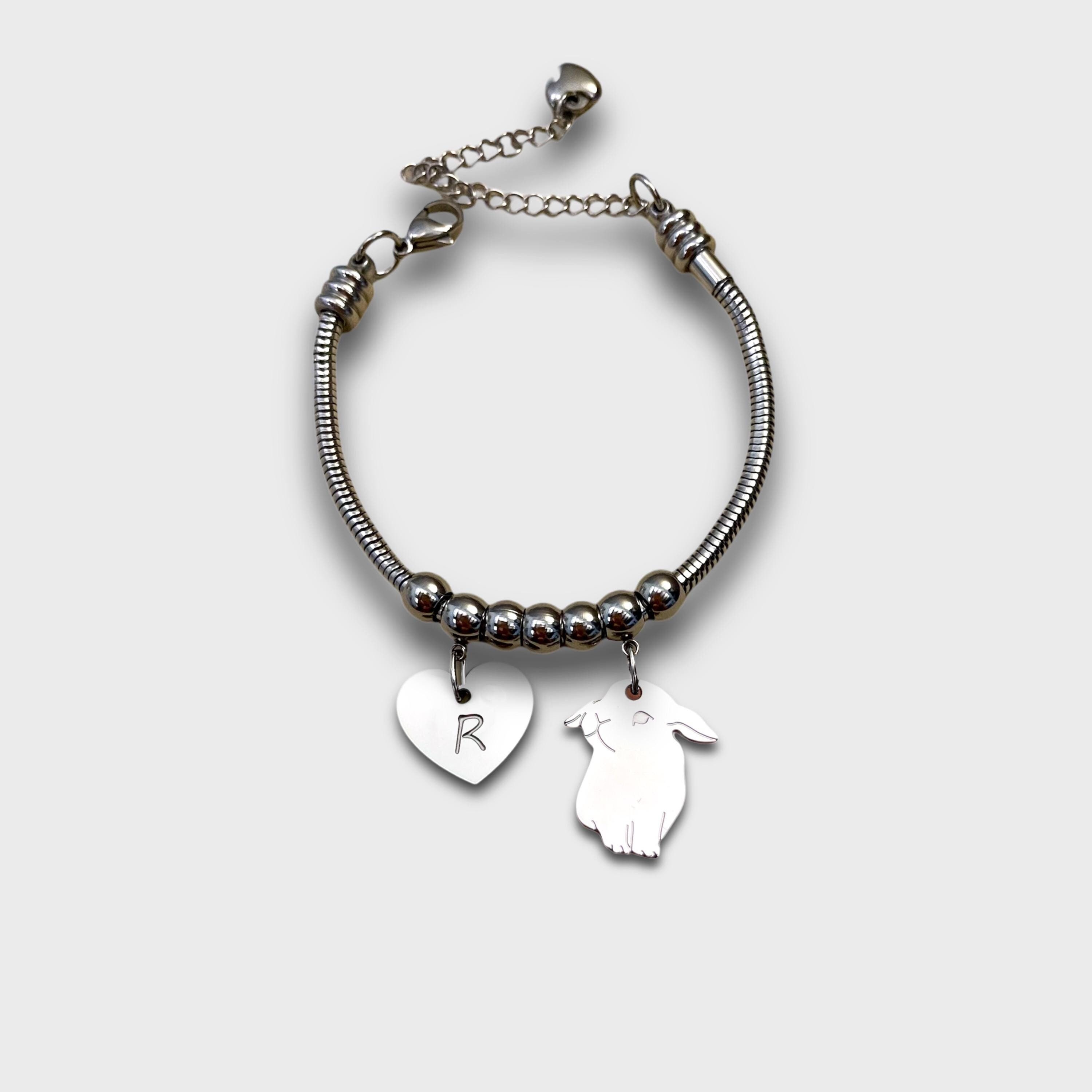 Aries Rabbit Bracelet and Heart Pendant with Engraved Initial, Aries Rabbit Bracelet