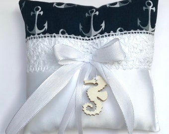 Wedding ring pillow, ring cushion, maritim white blue with anchor, gift bridal couple wedding gift, ring carrier pillow, ring pillow, rings wedding rings