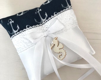 Wedding ring pillow, ring cushion, maritim white blue with anchor, gift bridal couple wedding gift, ring carrier pillow, ring pillow, rings wedding rings