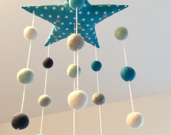 Mobile felt balls, star baby mobile, baby mobile felt balls star turquoise mobile for babies gift for birth Christmas