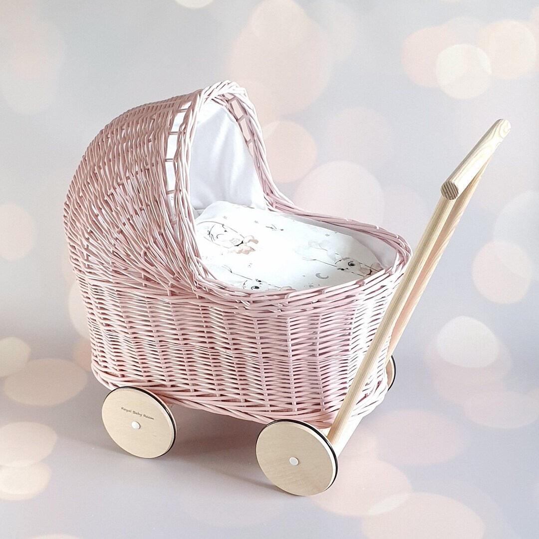PREMIUM Wicker Dolls Pram Pink, Wooden Doll Pram Personalized Gift for