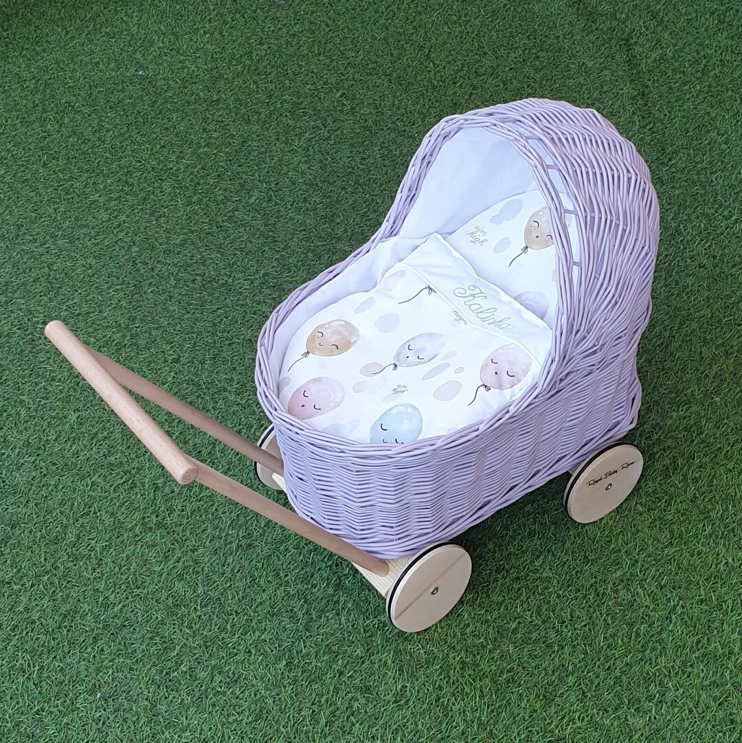 Wicker Doll Pram in LILAC Color and White Base, Wooden Doll Pram