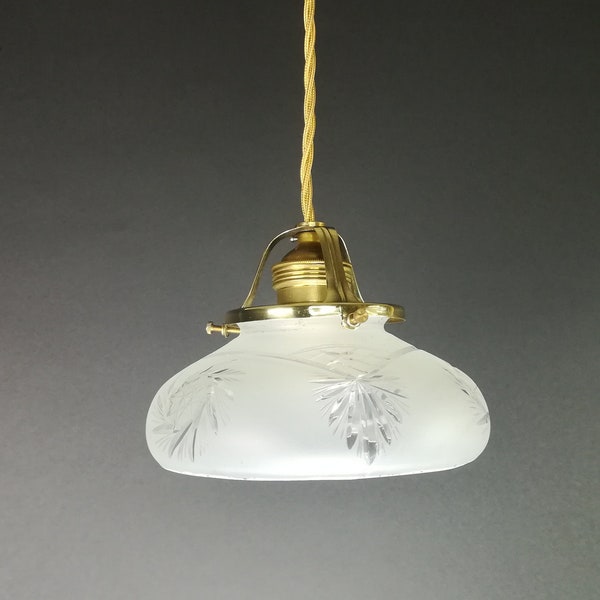 Französische Deckenleuchte, Küchenlampe, Hängelampe mit Stoffkabel, Pendelleuchte mit Messing-Deckenrosette