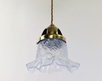 Viennese hanging lamp with old opal glass shade, fabric cable, pendant lamp with brass ceiling rose