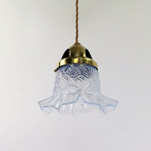 Viennese hanging lamp with old opal glass shade, fabric cable, pendant light with brass ceiling rosette