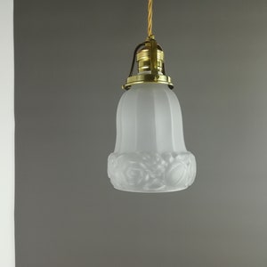 Hanging lamp with old shade around 1930, fabric cable, brass ceiling rose, French pendant light