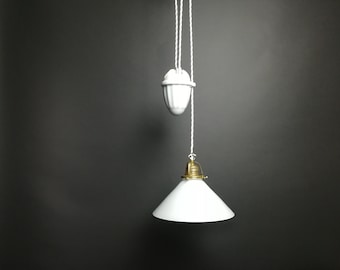 Höhenverstellbare Esstischlampe Zuglampe mit altem mundgeblasenen Glasschirm Seilzuglampe Landhaus Küchenlampe Kitchenlamp Designinspiration