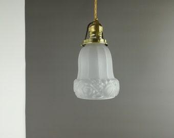 Hanging lamp with old shade around 1930, fabric cable, brass ceiling rose, French pendant lamp