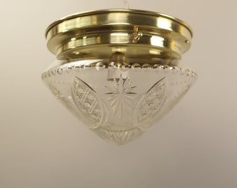 Brass Ceiling Lamp with Lead Crystal Shade, 1920s, Messing-Deckenlampe mit Bleikristallschirm, um 1920