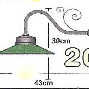 May include: A green metal outdoor wall light fixture with a curved arm and a decorative scroll. The light fixture is 43 inches wide and 30 inches tall.