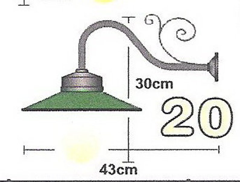 May include: A green metal outdoor wall light fixture with a curved arm and a decorative scroll. The light fixture is 43 inches wide and 30 inches tall.