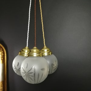 Viennese hanging lamp with old hand-cut mouth-blown glass ball lamp with fabric cable pendant lamp with brass ceiling rosette