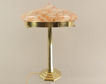 Art Deco Brass Table Lamp with Colored Marbled Glass Shade, Vienna, 1930s, Art Deco table lamp, Vienna