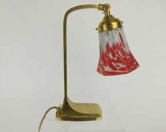 Art Nouveau brass table lamp with Pate de Verre mouth-blown shade 1920s,