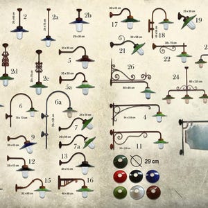 May include: A collection of 27 different styles of vintage-inspired wall-mounted light fixtures with green and white glass shades. The fixtures are made of metal and have a rustic, industrial look. The image also includes a chart with measurements for each fixture.