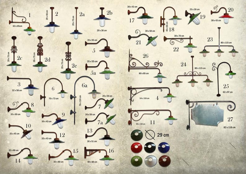 May include: A collection of 27 different styles of vintage-inspired wall-mounted light fixtures with green and white glass shades. The fixtures are made of metal and have a rustic, industrial look. The image also includes a chart with measurements for each fixture.