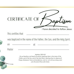 Plantilla de certificado de bautismo imprimible KJV Descarga digital instantánea acuarela Eucalipto Verde Oro
