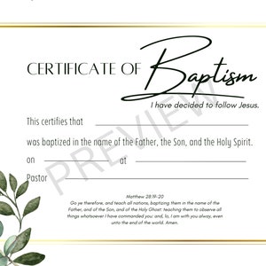 Plantilla de certificado de bautismo imprimible KJV Descarga digital instantánea acuarela verde oro
