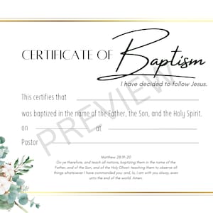 Plantilla de certificado de bautismo imprimible KJV Descarga digital instantánea acuarela verde oro floral