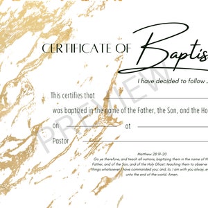 Plantilla de certificado de bautismo imprimible KJV Descarga digital instantánea Mármol de oro