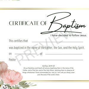 Plantilla de certificado de bautismo imprimible KJV Descarga digital instantánea oro floral rosa