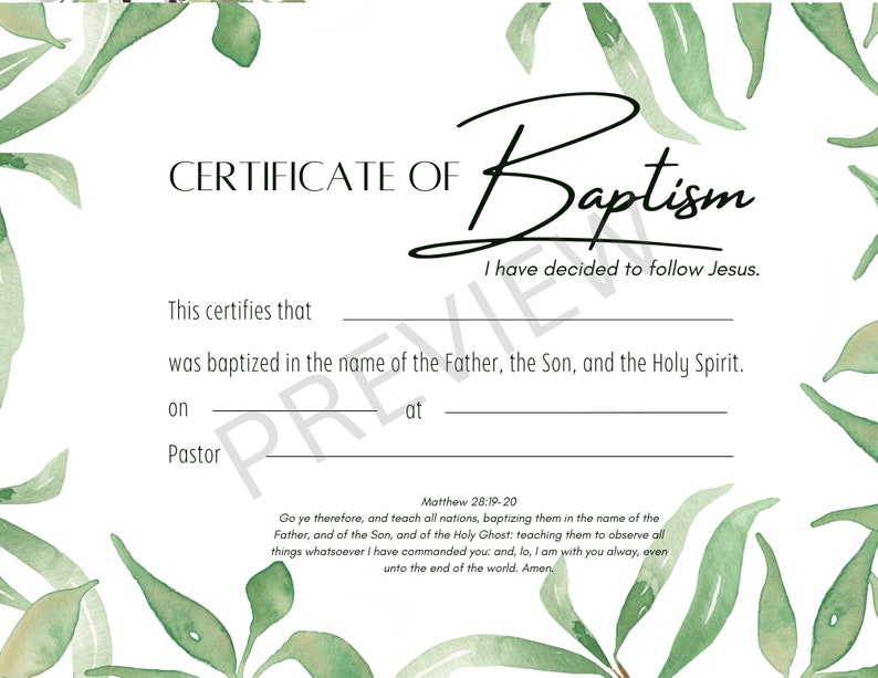 Printable Baptism Certificate Template KJV Instant Digital Download Watercolor Greenery Etsy