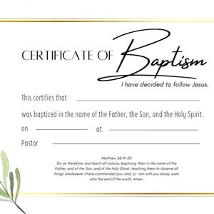 Plantilla de certificado de bautismo imprimible KJV Descarga digital instantánea acuarela verde oro