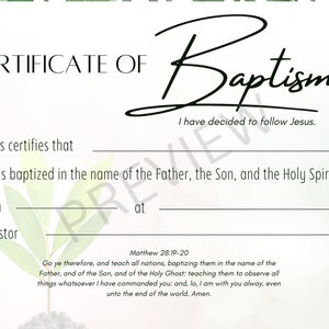 Plantilla de certificado de bautismo imprimible KJV Descarga digital instantánea White Greenery