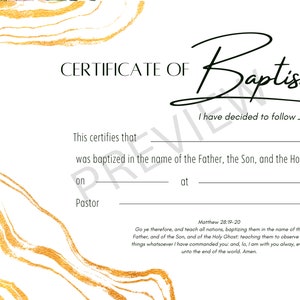 Plantilla de certificado de bautismo imprimible KJV Descarga digital instantánea Mármol de oro