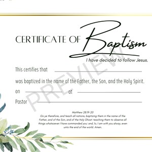 Plantilla de certificado de bautismo imprimible KJV Descarga digital instantánea acuarela verde