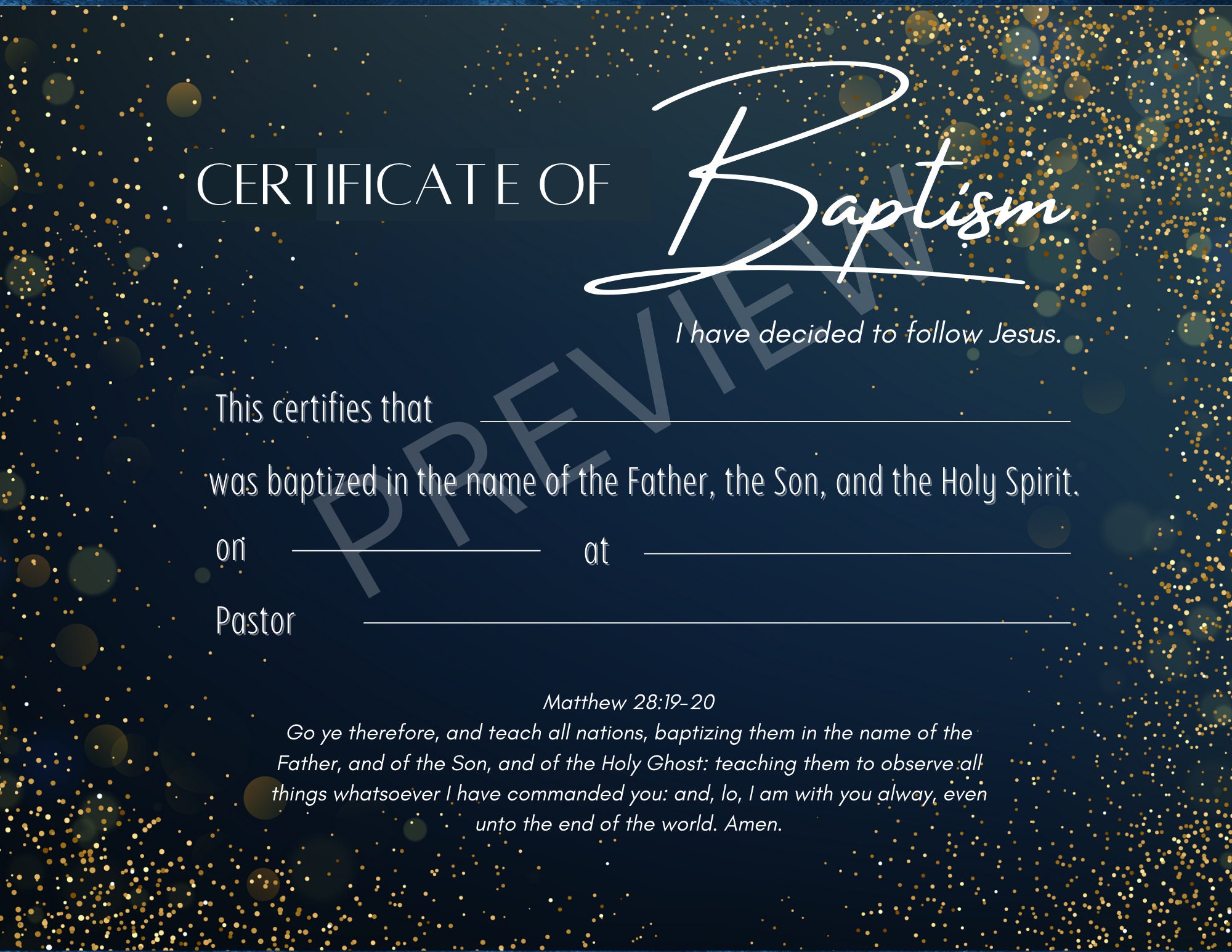 Printable Baptism Certificate Template KJV Instant Digital Download Blue and Gold Etsy