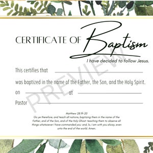 Plantilla de certificado de bautismo imprimible KJV Descarga digital instantánea acuarela verde oro