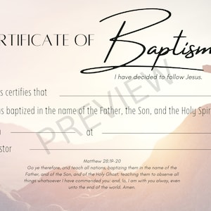 Plantilla de certificado de bautismo imprimible KJV Descarga digital instantánea Christian Cross Sunset