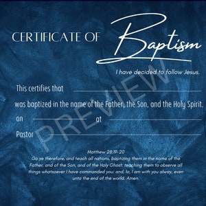 Plantilla de certificado de bautismo imprimible KJV Descarga digital instantánea acuarela azul