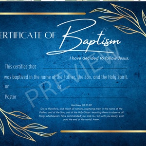 Plantilla de certificado de bautismo imprimible KJV Descarga digital instantánea azul y oro