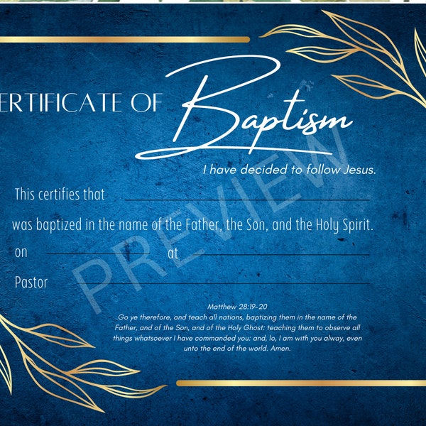 Printable Baptism Certificate Template KJV Instant Digital Download Blue and Gold