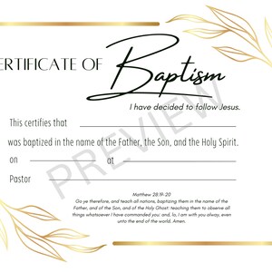 Plantilla de certificado de bautismo imprimible KJV Descarga digital instantánea Oro