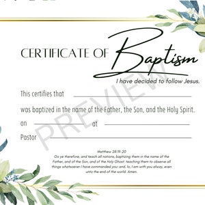 Plantilla de certificado de bautismo imprimible KJV Descarga digital instantánea acuarela verde floral