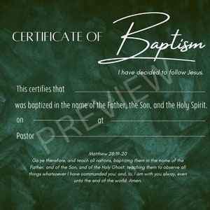 Plantilla de certificado de bautismo imprimible KJV Descarga digital instantánea acuarela verde