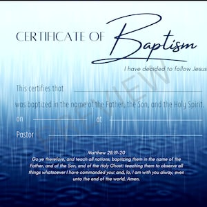 Plantilla de certificado de bautismo imprimible KJV Descarga digital instantánea Lluvia azul