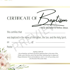Plantilla de certificado de bautismo imprimible KJV Descarga digital instantánea Acuarela Flores rosas más verdes