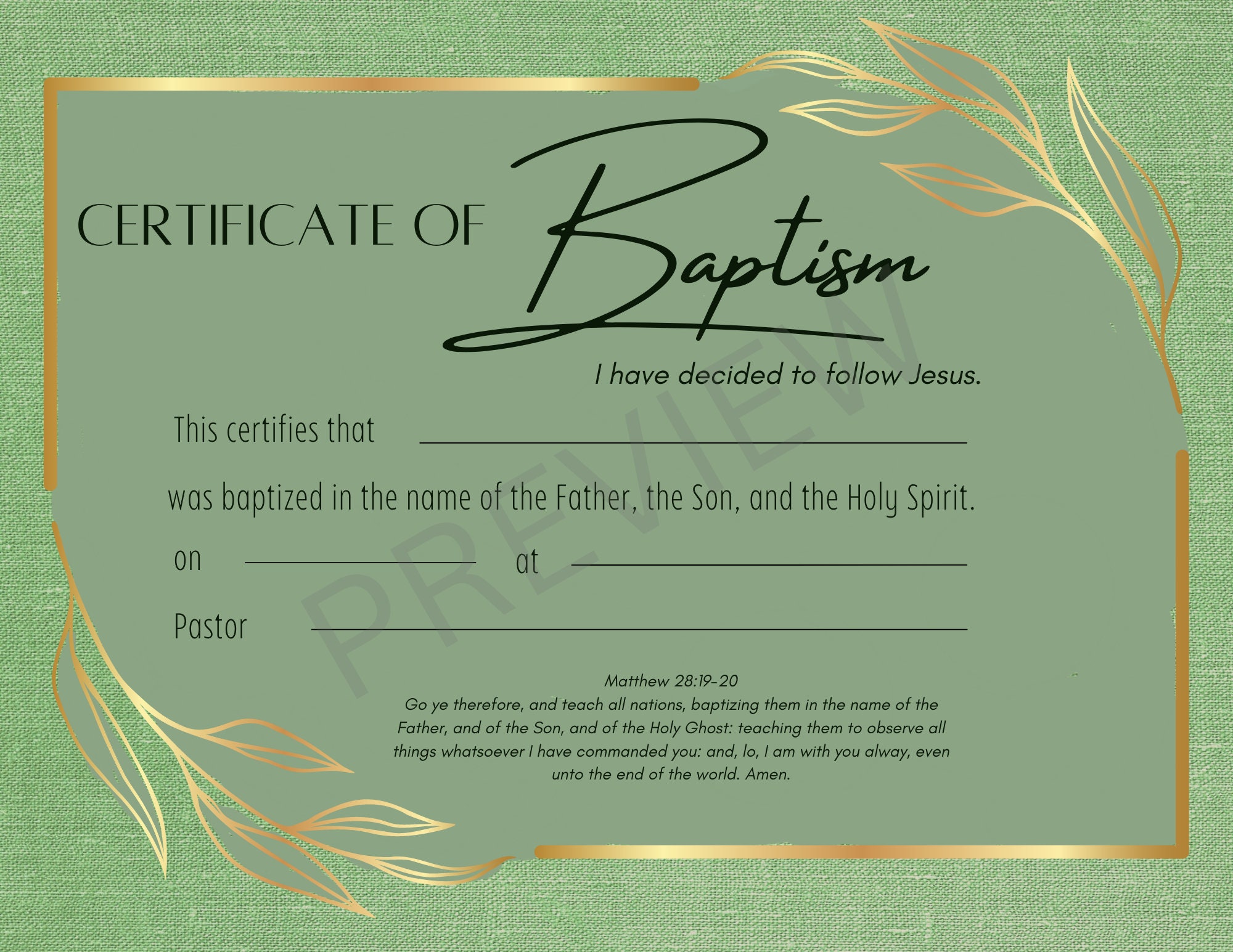 Printable Baptism Certificate Template KJV Instant Digital Download
