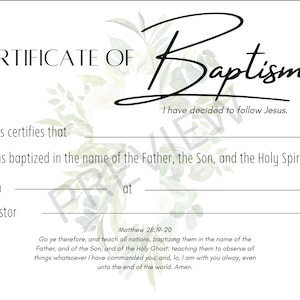 Plantilla de certificado de bautismo imprimible KJV Descarga digital instantánea Greenery Cross